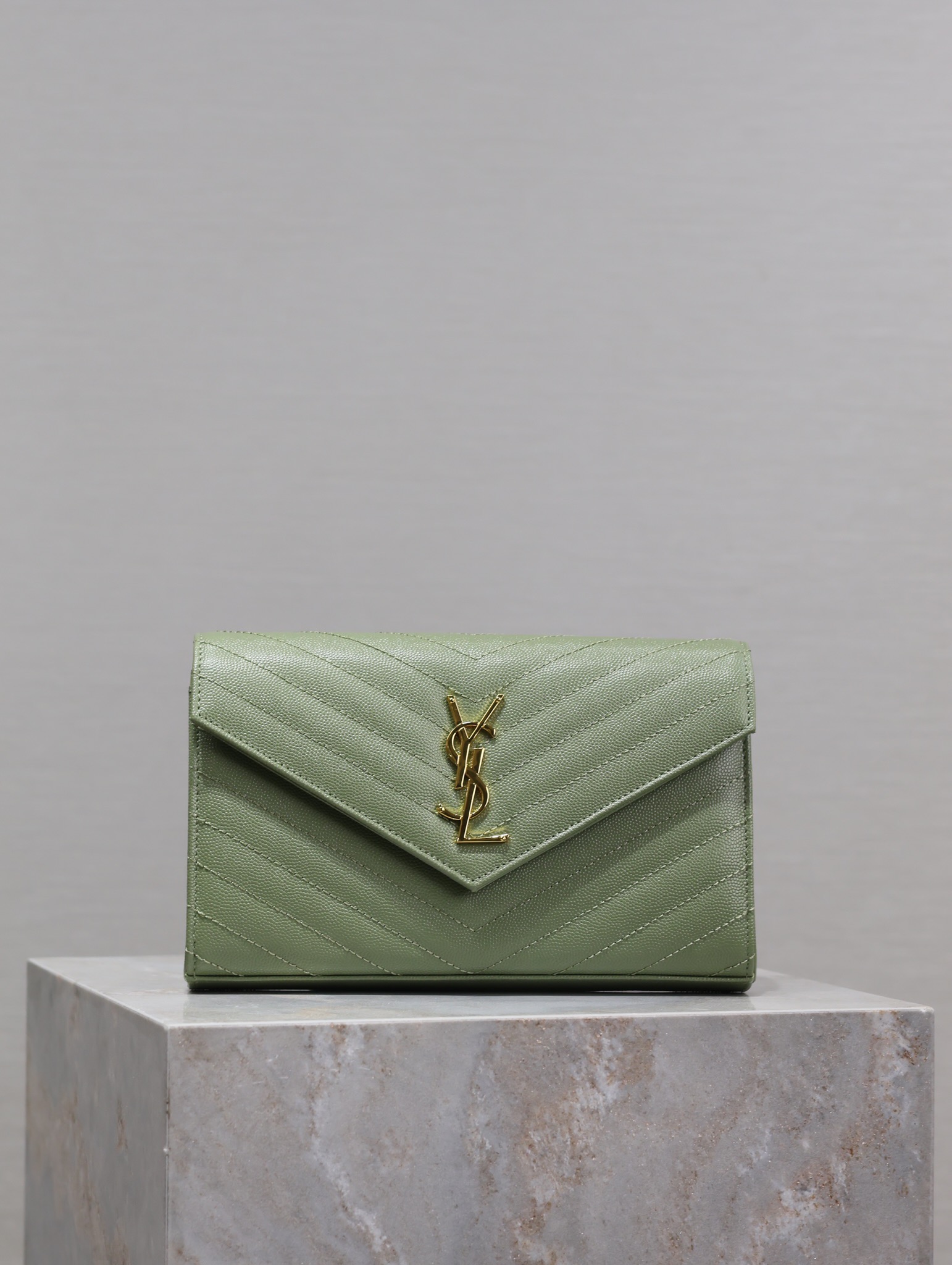 Ysl MONOGRAM Envelope Bag 377828 Avocado Green Gold Buckle Caviar